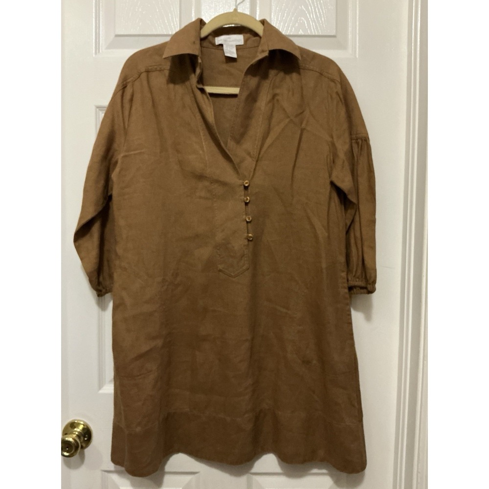 Soft Surroundings Shirt Dress Womens S Brown Linen Button Utility Boho Coastal
